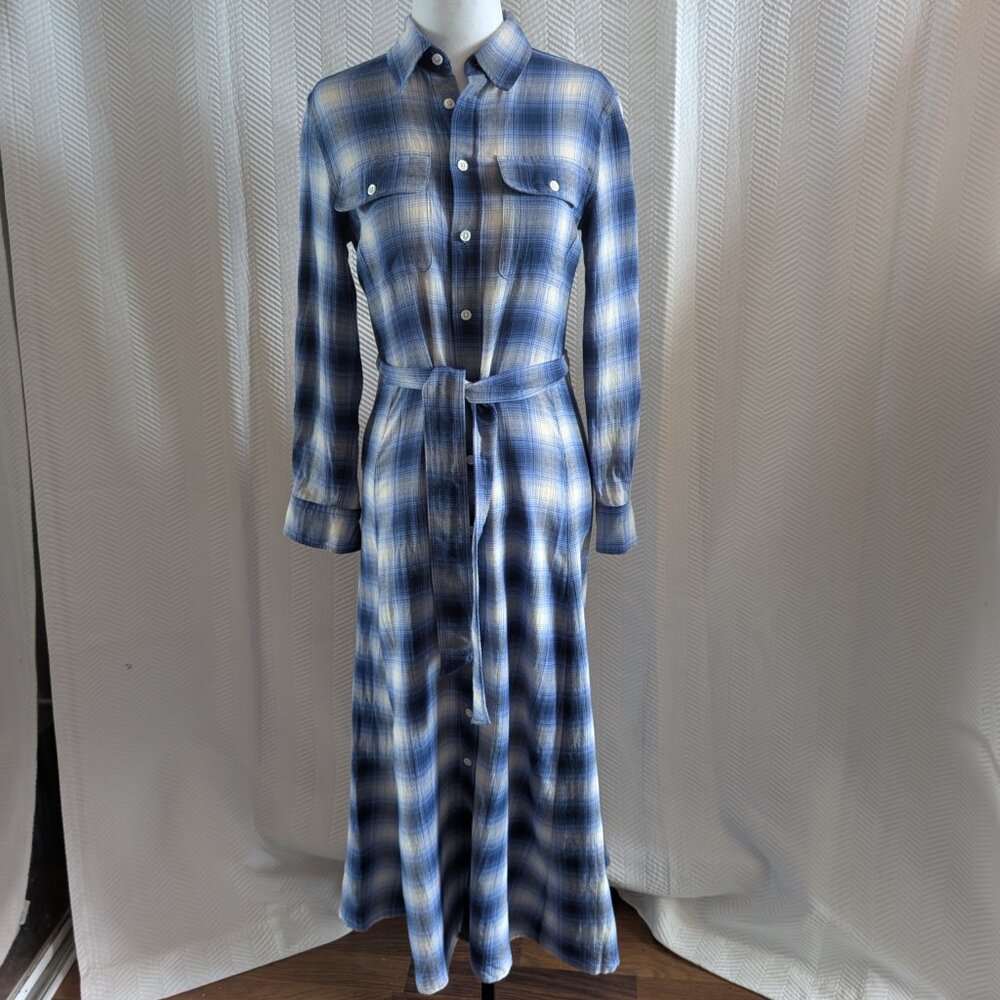 Polo Ralph Lauren Plaid Belted Shirt Dress Maxi Long Sleeve Blue Size 0 XS